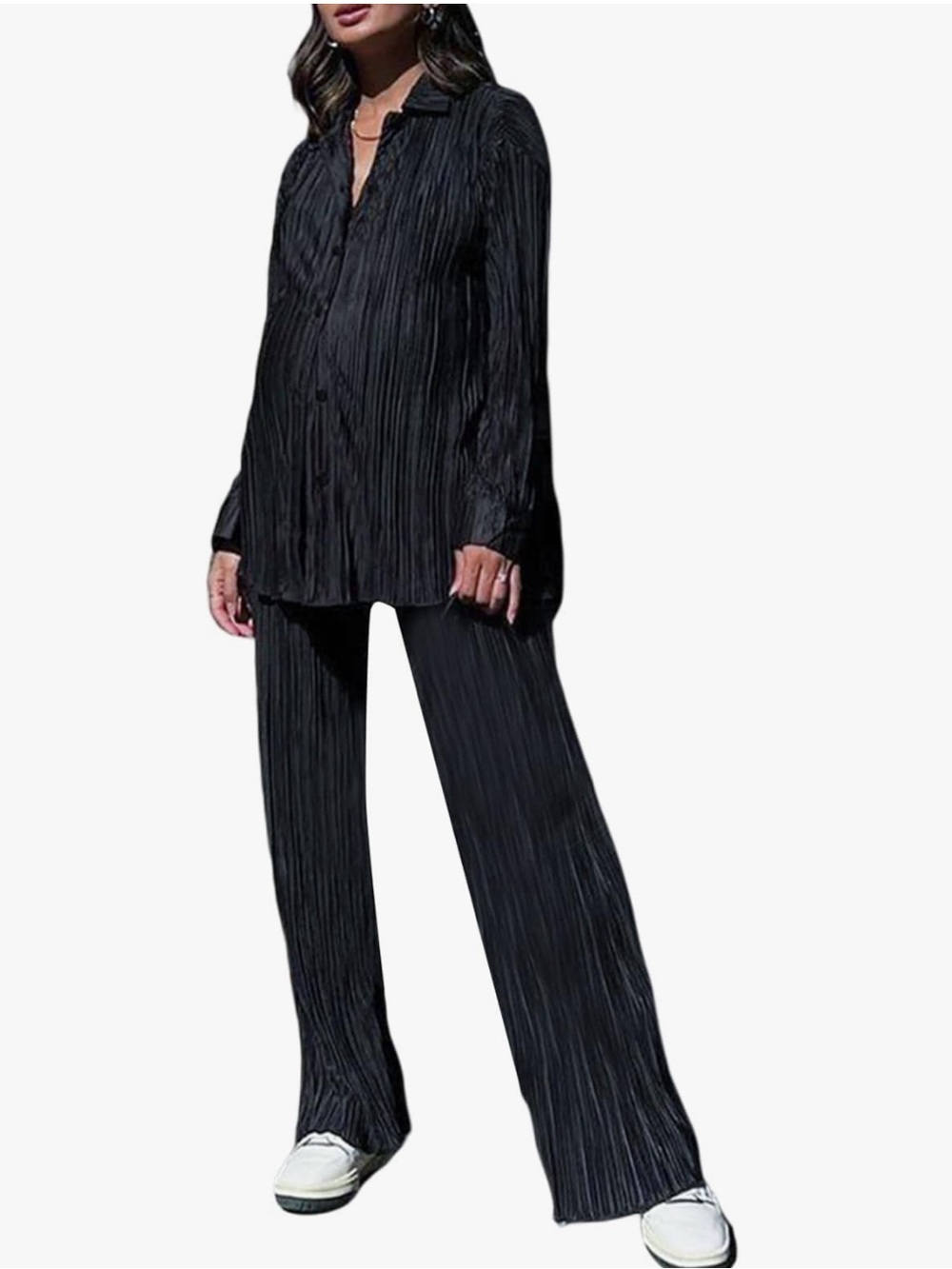 Black Pleated Oversized Button Down Wide-Leg Pants Set